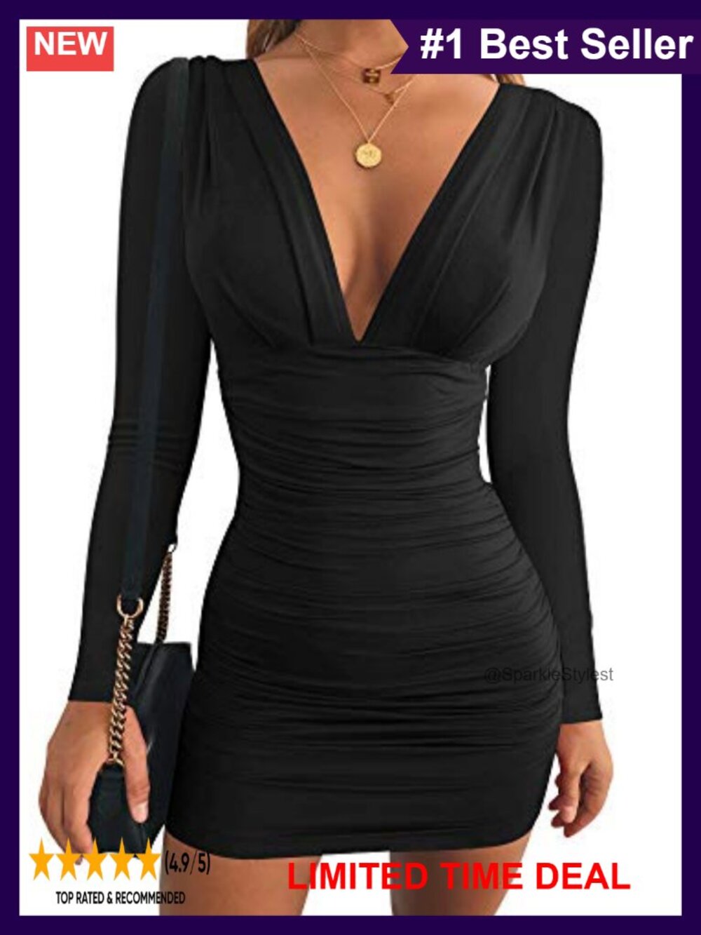 Women's Long Sleeve V Neck Bodycon Mini Party Dress Ruched Stretchy
